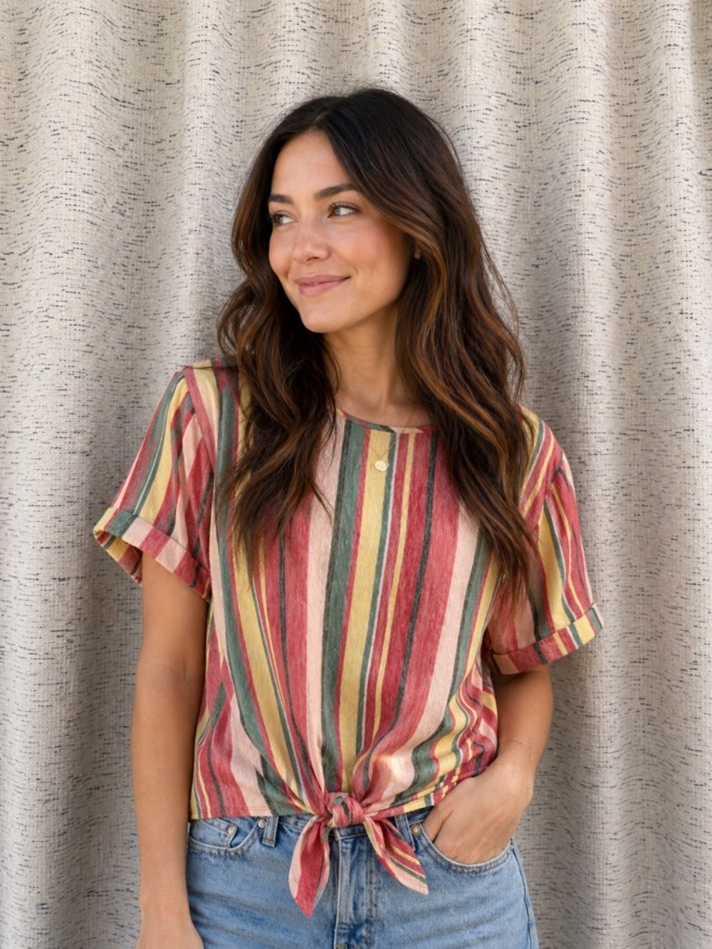 Kim & Cami Multicolor Striped Tie-Front Crop Top NWOT